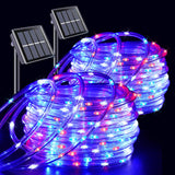 YEGUO 4th of July Decorations Red White and Blue Lights, 2 Packs Each 33ft 100 LED Solar Rope Light with 8 Modes for Patriotic I
