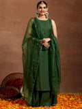 Libas Gerua Womens Solid Silk Blend Straight Kurta With Palazzos And Dupatta Green S