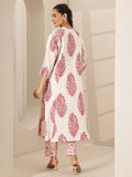 Libas Womens Printed Cotton A-Line Kurta With Trousers White Xl