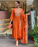 Anni Designer Women'S Rayon Blend Embroidered Straight Kurta With Pant & Dupatta (Puneeta Orange_S_Orange_Small),Orange,S,Rayon Blend,Regular,