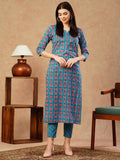Anni Designer Women'S Cotton Blend Straight Printed Kurta With Pant (Aagmi Blue_M_Blue_Medium),Blue,M,,,