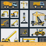 Excavator Fabric by The Yard, Construction Site Cars Upholstery Fabric for Chairs, Kids Cartoon Equipment Trucks Grid Decorative