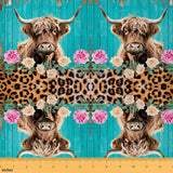 Feelyou Highland Cow Fabric by The Yard, Rustic Floral Leopard Print Upholstery Fabric for Chairs, Farmhouse Teal Wood Grain Dec