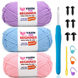 3 Pack Beginners Crochet Yarn Purple Blue Pink Cotton Crochet Yarn for Crocheting Knitting Beginners with Easy-to-See Stitches C