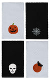 COTTON CRAFT Halloween Kitchen Towels - 4 Pack Spooky Skull Web Bats Jack O'Lantern Embroidered Terry Towel - 100% Cotton Waffle