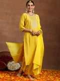 Libas Gerua Womens Yoke Design Silk Blend Straight Kurta With Trousers And Dupatta Yellow L Gs929