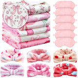 Fanfanwin 18 Pcs Sleepover Party Supplies for Girls, 6 Style Cute Pink Bow Blanket 6 Coral Fleece Spa Headband 6 Plush Pink Eye