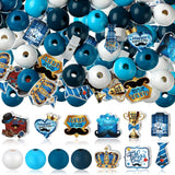 Fabbay 200 Pcs Father's Day Wooden Craft Beads Colored Spacer Beads Wood Blue and White Trophy Crown Tie Beard Best Dad Ever Cra