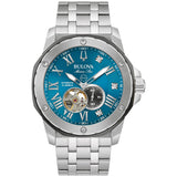 Bulova Marc Anthony Mens Automatic Marine Star Stainless Steel Watch,Open Aperture,Exhibition Case Back,Diamond Accent Blue Sun