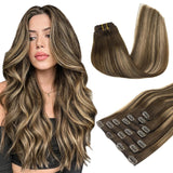 MAXITA Hair Extensions Clip in Human Hair, 7pcs 120g 20 Inch, Balayage Chocolate Brown to Caramel Blonde Real Hair Extensions Cl