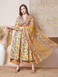 Anni Designer Women'S Rayon Blend Anarkali Printed Kurta With Palazzo & Dupatta (Cia Yellow-Vks03_L_Yellow_Large),Yellow,L,,,