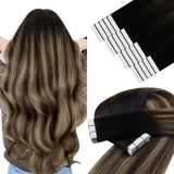 YoungSee Tape in Hair Extensions Real Human Hair Balayage 30g Tape in Hair Extensions Human Hair Black Ombre Brown with Blonde T
