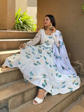 Women Floral Print Anarkali Kurta With Pant And Duptta (Large White),White,L,Georgette,Anarkali,Dupatta