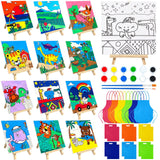 48PCS 12 Sets Printed Canvas Paint Art 12 Pcs Wooden Easel Set Paint Pots and Brushes and 12 Pre Drawn Canvas Panel 12 Pcs Mini