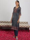 Libas Womens Printed Silk Blend Straight Kurta With Trousers And Dupatta Blue M 49137