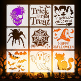 Linwetra 6 Halloween Stencils for Painting, 9Pcs Reusable Happy Halloween/Trick or Treat/Spider Web/Skull/Bats/Cat/Ghost Paintin