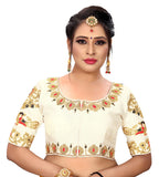 Pujia Mils Women's Silk Floral Half Sleeve Blouse (Peacock_White_38)