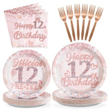 Grencian 12th Birthday Decorations Rose Gold 12th Birthday Plates and Napkins Disposable Rose Gold Official 12 Pre-Teen Paper Ta