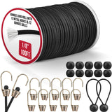 Marine Grade Heavy Duty Bungee Cord Roll with 12 Hooks 12 Bungee Balls- Black Elastic Shock Cord for Kayak Deck, Outdoor Camping