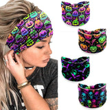 4 Pack Halloween Headbands for Women, Neon Spooky Skull Pumpkin Bat Punk Style Wide Stretchy Hair Bands, Breathable Stretchy Non