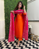 Anni Designer Women'S Rayon Viscose Embroidered Straight Kurta With Pant & Dupatta (Kalsubai Orange_Xxl_Orange_Xx-Large),Orange,2XL,,,