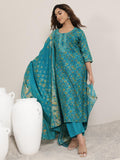 Libas Womens Printed Silk Blend Straight Kurta With Trousers And Dupatta Blue S 400053O