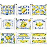 Sunnymove 9 Pcs Amalfi Coast Cosmetic Bag Italy Lemons Canvas Makeup Bags Romantic Lemon Themed Travel Pouch Souvenir Gift for W