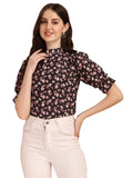 Wedani Women'S Casual Puff Sleeves Ruffled Collor Foral Top (X-Large Black),Black,XL