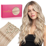 WENNALIFE Clip in Hair Extensions Real Human Hair, 18 Inch 120g 7pcs Balayage Light Wheat Platinum Blonde Remy Hair Straight Nat