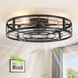 LEDIARY 26 Caged Ceiling Fan with Light and Remote, Low Profile Flush Mount Fandelier, Black Bladeless Enclosed Small Fan Lights