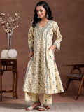 Libas Womens Printed Cotton A-Line Kurta With Palazzos Beige S 36756O