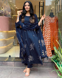 Anni Designer Women'S Rayon Viscose Anarkali Printed Kurta With Pant & Dupatta (Gangori Kerosin_S_Dark Blue_Small),Dark Blue,S,,,