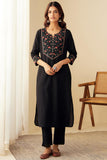 Anni Designer Women'S Rayon Blend Embroidered Straight Kurta With Pant & Dupatta (Sikha Black_Xxl_Black_Xx-Large),Black,2XL,,,