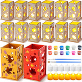 DoubleFill 12 Sets DIY Wood Autumn Lantern for Kids Fall Art Painting Sets for Party Favors with Flameless LED Candles and Acryl