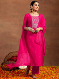 Libas Gerua Womens Embroidered Silk Blend Straight Kurta With Trousers And Dupatta Pink 2Xl Gs944