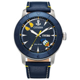 Citizen EcoDrive Mens Disney Donald Duck Watch, Blue IP Stainless Steel on Blue Leather Strap, 3Hand Day Date, Luminous, 44mm