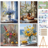 Ninonly 4 Pack Paint by Numbers Kit for Adults Flowers, Floral Paint by Number Arts Kits for Beginners with Wooden Easel, Acryli