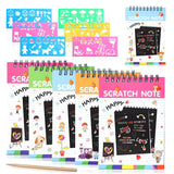 DCW Rainbow Scratch Art Kit 6 Scratch Pads, 6 Wooden Stylus Pens & 6 Drawing Stencils DIY Craft Supplies for Kids, Fun Party