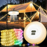 Camping String Lights, 4 in 1 Quick Storage Camping Essentials Gear 32.8FT Rechargeable Tent Lights with 9 Modes Hanging Waterpr