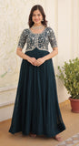Fashion Basket Georgette Embroidered Anarkali Gown For Women Turquoise Turquoise L
