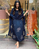Anni Designer Women'S Rayon Viscose Anarkali Printed Kurta With Pant & Dupatta (Gangori Kerosin_S_Dark Blue_Small),Dark Blue,S,,,