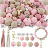 Sunrony 60Pcs Mixed Blush Oat Pink Tassels Keychains Rhinestone Spacer Round Hexagon Silicone Beads for Keychain Making and Neck