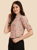 Wedani Women'S Casual Puff Sleeves Ruffled Collor Foral Top (Medium Beige),Beige,M,Rayon,Regular,