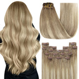 YoungSee 150g 20inch Clip in Hair Extensions Real Human Hair Brown Balayage Clip in Human Hair Extensions Light Brown to Blonde