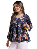 Youthnic Womens Poly Rayon Printed Alia Cut Peplum Top | Top for Office | Womens Tunics | Short Kurti Women| Regular Fit, Navy Blue, M
