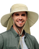 Tirrinia Mens Neck Flap Sun Hat Wide Brim Fishing Safari Hiking Cap Tan