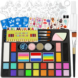 Flasoo Face Painting Kit for Kids, 27 Colors Non-Toxic Paint with Brushes, 16 Crayons, 6 Reusable & 40 Sticky Stencils, Face Gem