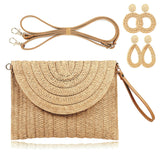 COOKOOKY Straw Clutch Handbag Summer Beach Straw Purse for Women woven Envelope Bag and 2 Pairs Rattan Earrings (Light brown bag