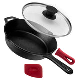 Cuisinel Cast Iron Skillet with Lid - 8-Inch Frying Pan + Glass Cover + Silicone Grip Handle Holder - Pre-Seasoned Cookware - In