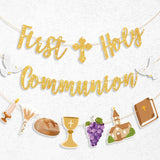 Yeaqee First Holy Communion Banner Kit Gold Glitter First Holy Communion Decorations Christian Religious Banner Baptism Decor fo